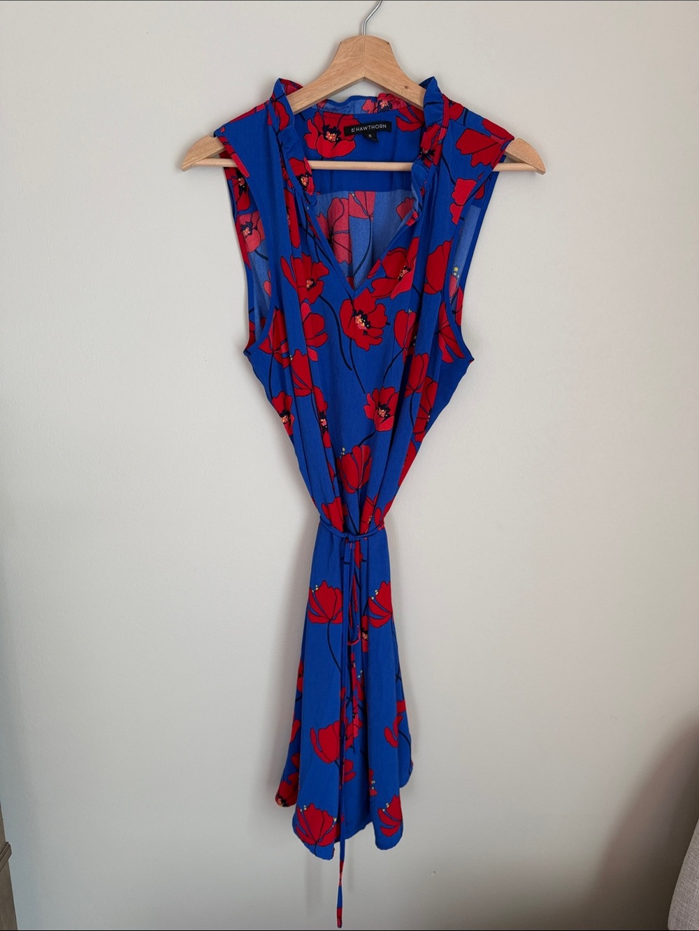 41 Hawthorn Royal Blue Sleeveless Wrap Dress with Red Floral Print